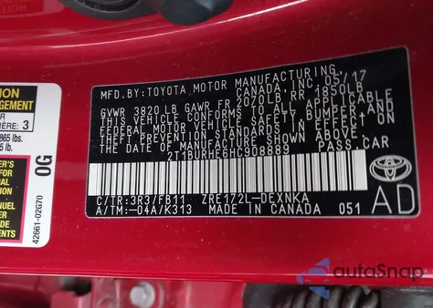 2017 Toyota Corolla Le из США, поврежденный, VIN 2T1BURHE6HC908889